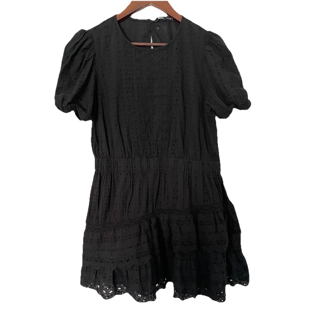 Zara Black Eyelet Embroidered Babydoll Dress L Puff Sleeve Tiered Coquette Boho